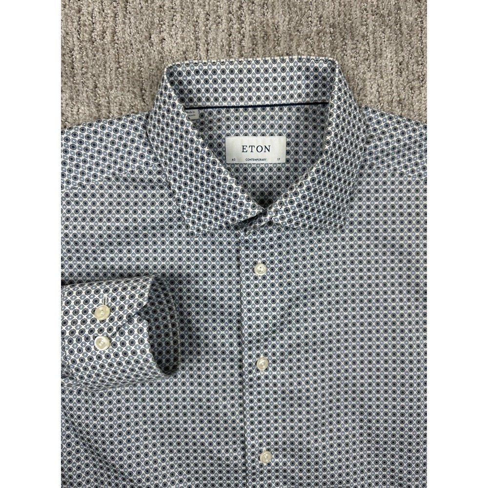 Eton Contemporary Fit Dress Shirt Blue White Geometric Print Cotton 17 43 Mens